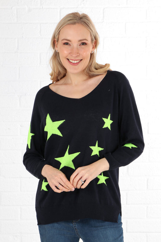 Scattered Star Print Lightweight Cotton Jumper in Navy Blue